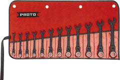Proto - 12 Piece, 7mm to 19mm, 12 Point Ratcheting Flex-Head Spline Wrench Set - Metric Measurement Standard, Black/Chrome Finish, Comes in Nylon Roll - Exact Tool & Supply