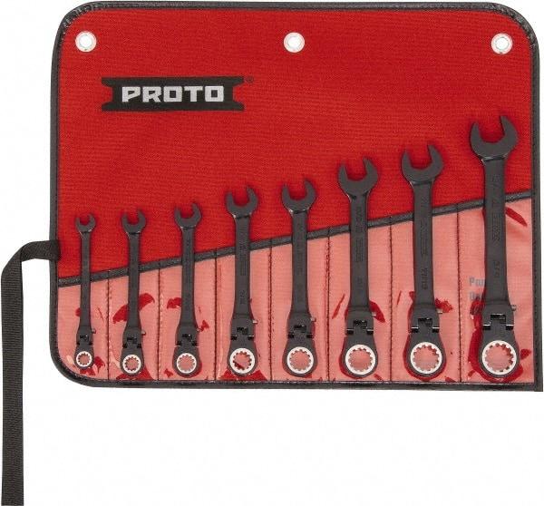 Proto - 8 Piece, 5/16" to 3/4", 12 Point Ratcheting Flex-Head Spline Wrench Set - Inch Measurement Standard, Black/Chrome Finish, Comes in Nylon Roll - Exact Tool & Supply
