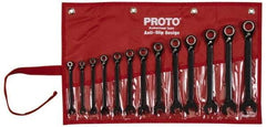 Proto - 13 Piece, 7mm to 19mm, 12 Point Short Ratcheting Reversible Combination Spline Wrench Set - Metric Measurement Standard, Black/Chrome Finish, Comes in Tool Roll - Exact Tool & Supply