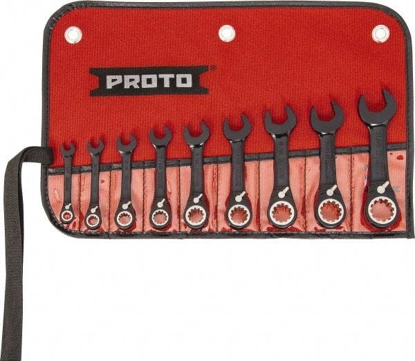 Proto - 9 Piece, 1/4" to 3/4", 12 Point Short Ratcheting Reversible Combination Spline Wrench Set - Inch Measurement Standard, Black/Chrome Finish, Comes in Tool Roll - Exact Tool & Supply