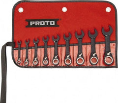 Proto - 9 Piece, 1/4" to 3/4", 12 Point Short Ratcheting Reversible Combination Spline Wrench Set - Inch Measurement Standard, Black/Chrome Finish, Comes in Tool Roll - Exact Tool & Supply