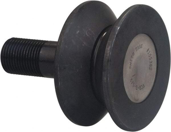 Accurate Bushing - 4-1/2" Roller Diam x 2" Width, 1-1/4" Stud Diam x 2-1/2" Length, V Guide Roller - Carbon Steel, 1-3/4" Thread Length, 1-1/4-12 Thread, 4-1/2" OAL, 14,300 Lb Dynamic Cap, 16,000 Lb Static Cap - Exact Tool & Supply