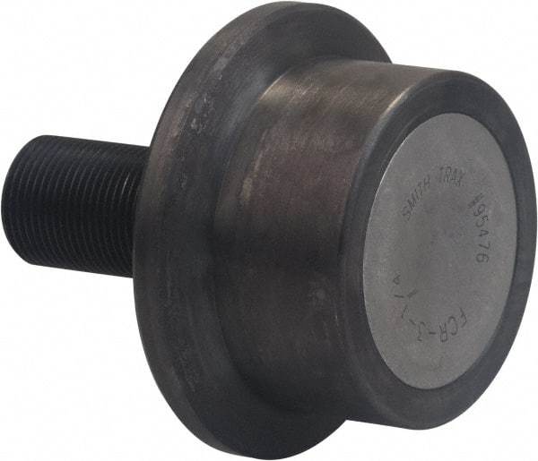Accurate Bushing - 4-1/2" Roller Diam x 2" Width, 1-1/4" Stud Diam x 2-3/4" Length, Flanged Load Roller - Carbon Steel, 1-3/4" Thread Length, 1-1/4-12 Thread, 4-3/4" OAL, 14,300 Lb Dynamic Cap, 16,000 Lb Static Cap - Exact Tool & Supply