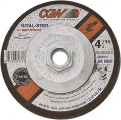 Camel Grinding Wheels - 24 Grit, 9" Wheel Diam, 1/4" Wheel Thickness, 7/8" Arbor Hole, Type 27 Depressed Center Wheel - Coarse Grade, Aluminum Oxide, Resinoid Bond, 6,650 Max RPM - Exact Tool & Supply