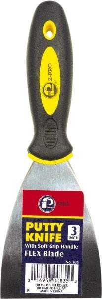 Premier Paint Roller - 3" Wide Spring Blade Steel Putty Knife - Stiff, Soft Grip Plastic Handle, 8.343" OAL - Exact Tool & Supply