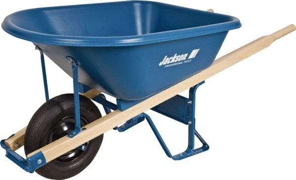 Jackson Professional Tools - 5.75 Cu Ft Capacity Wheelbarrow with 16" Pneumatic Wheel - Wood Handle, 59-1/4" Long x 29-1/2" Wide x 27-1/4" High, Blue - Exact Tool & Supply