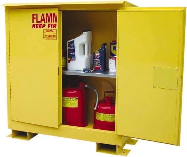 Securall Cabinets - 2 Door, 1 Shelf, Yellow Steel Standard Safety Cabinet for Flammable and Combustible Liquids - 48" High x 43" Wide x 18" Deep, Manual Closing Door, 3 Point Key Lock, 30 Gal Capacity - Exact Tool & Supply