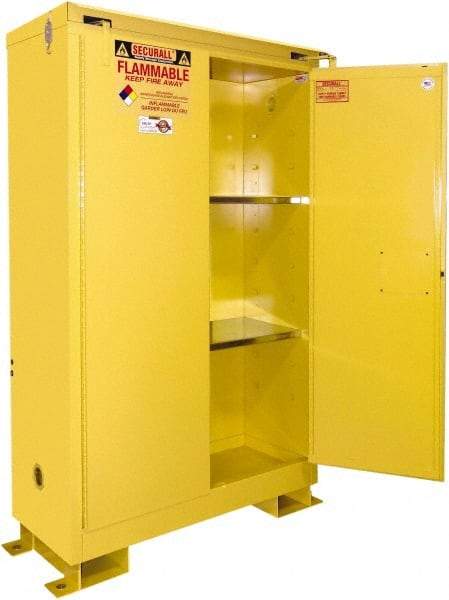 Securall Cabinets - 2 Door, 1 Shelf, Yellow Steel Standard Safety Cabinet for Flammable and Combustible Liquids - 50" High x 43" Wide x 18" Deep, Self Closing Door, 3 Point Key Lock, 30 Gal Capacity - Exact Tool & Supply