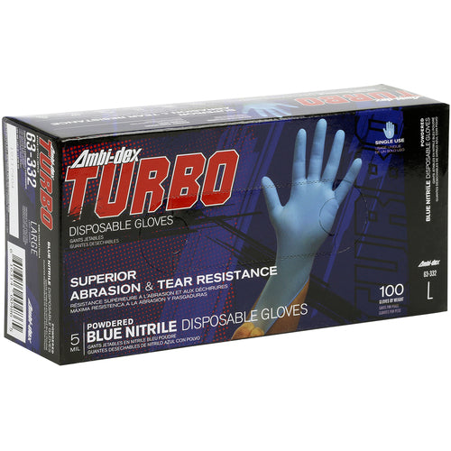 ‎63-332/L Disposable Gloves - Ambi-Dex Turbo Disposable Nitrile - 5 mil Blue - Powdered - Textured Grip - Exact Tool & Supply