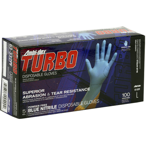 ‎63-332PF/XL Disposable Gloves - Ambi-Dex Turbo Disposable Nitrile - 5 mil Blue - Powder Free - Text Grip - Exact Tool & Supply