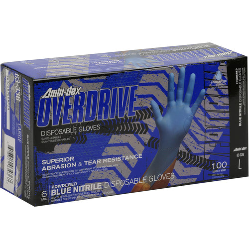 ‎63-336/XL Disposable Gloves - Ambi-Dex Overdrive Disposable Nitrile - 6 mil Blue - Powdered - Text - Exact Tool & Supply