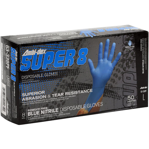 ‎63-338PF/M Disposable Gloves - Ambi-Dex Super 8 Disposable Nitrile 8 mil Blue - Powder Free - Text Grip - Exact Tool & Supply