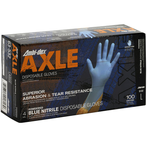 ‎63-532/S Disposable Gloves - Ambi-Dex Axle Disposable Nitrile - 4 mil Blue - Powdered - Textured Grip - Exact Tool & Supply