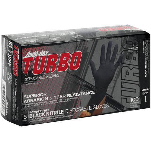 ‎63-732PF/XL Disposable Gloves - Ambi-Dex Turbo Disposable Nitrile - 5 mil Black - Powder Free - Text Grip - Exact Tool & Supply