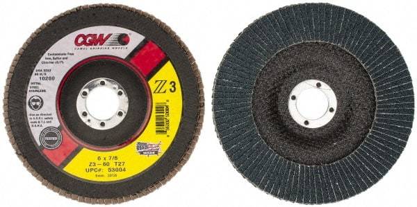 Camel Grinding Wheels - 60 Grit, 6" Disc Diam, 7/8" Center Hole, Type 27 Aluminum Oxide Flap Disc - 10,200 Max RPM, Poly Cotton Backing, Arbor Attaching System, Coated - Exact Tool & Supply
