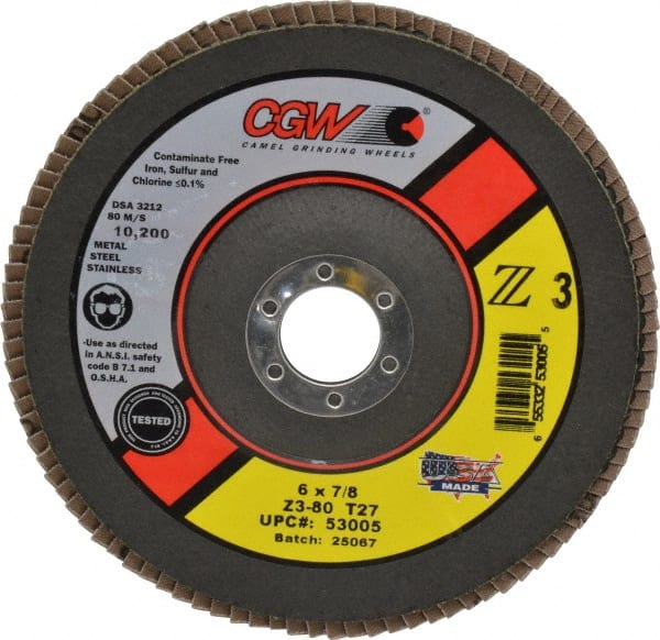 CGW Abrasives - 6" 80 Grit 7/8" Center Hole Type 27 Zirconia Alumina Flap Disc - Exact Tool & Supply