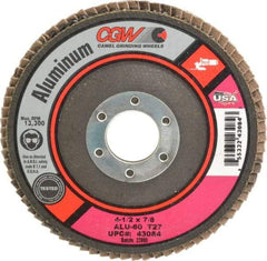 Camel Grinding Wheels - 60 Grit, 4-1/2" Disc Diam, 7/8" Center Hole, Type 27 Aluminum Oxide Flap Disc - 13,300 Max RPM, Polyester Backing, Arbor Attaching System, Coated - Exact Tool & Supply