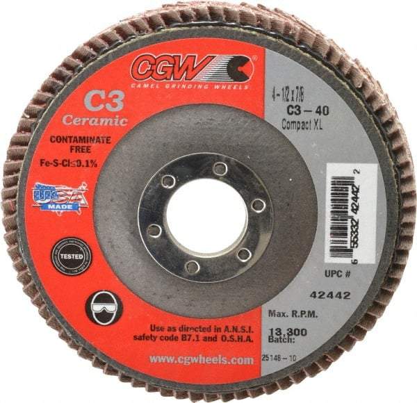 Camel Grinding Wheels - 40 Grit, 4-1/2" Disc Diam, 7/8" Center Hole, Ceramic Flap Disc - 13,300 Max RPM, Polyester Backing, Arbor Attaching System, Coated - Exact Tool & Supply