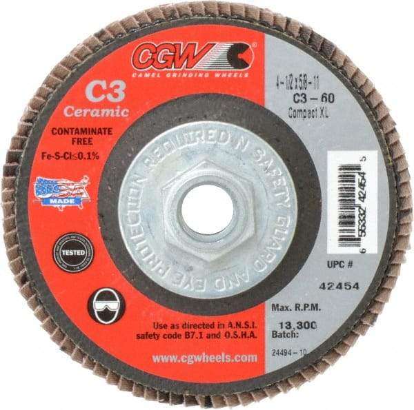 Camel Grinding Wheels - 60 Grit, 4-1/2" Disc Diam, 5/8-11 Center Hole, Ceramic Flap Disc - 13,300 Max RPM, Polyester Backing, Arbor Attaching System, Coated - Exact Tool & Supply