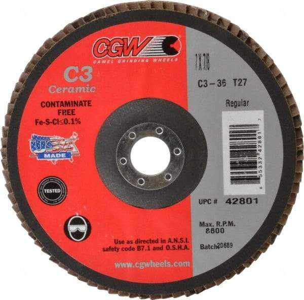 Camel Grinding Wheels - 36 Grit, 7" Disc Diam, 7/8" Center Hole, Type 27 Ceramic Flap Disc - 8,600 Max RPM, Polyester Backing, Arbor Attaching System, Coated - Exact Tool & Supply
