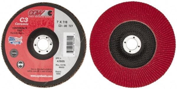 Camel Grinding Wheels - 80 Grit, 7" Disc Diam, 7/8" Center Hole, Type 27 Ceramic Flap Disc - 8,600 Max RPM, Polyester Backing, Arbor Attaching System, Coated - Exact Tool & Supply