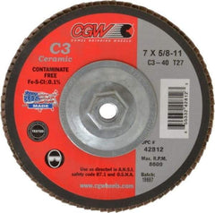 Camel Grinding Wheels - 40 Grit, 7" Disc Diam, 5/8-11 Center Hole, Type 27 Ceramic Flap Disc - 8,600 Max RPM, Polyester Backing, Arbor Attaching System, Coated - Exact Tool & Supply