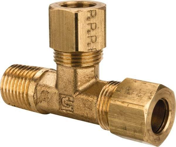 Parker - 3/8" OD, Brass Male Run Tee - 200 Max Working psi, -65 to 250°F, Comp x MNPT x Comp Ends - Exact Tool & Supply