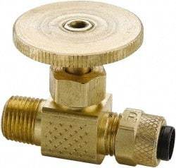 Parker - 1/4" Pipe, Inline Needle Valve - Poly-Tite x MNPTF Ends, Brass Valve, 150 Max psi - Exact Tool & Supply