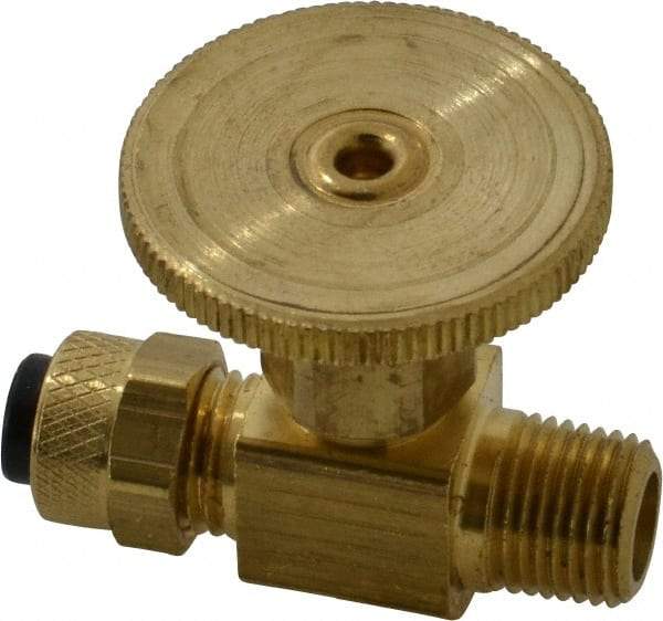 Parker - 1/4 x 1/8" Pipe, Inline Needle Valve - Poly-Tite x MNPTF Ends, Brass Valve, 150 Max psi - Exact Tool & Supply
