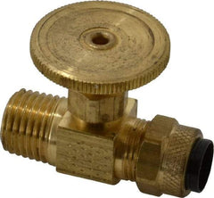 Parker - 3/8 x 1/4" Pipe, Inline Needle Valve - Poly-Tite x MNPTF Ends, Brass Valve, 150 Max psi - Exact Tool & Supply