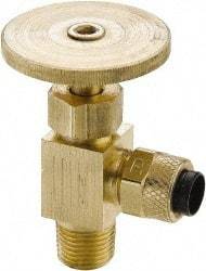 Parker - 1/4" Pipe, Angled Needle Valve - Poly-Tite x MNPTF Ends, Brass Valve, 150 Max psi - Exact Tool & Supply