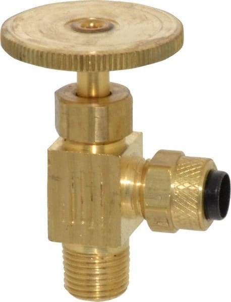 Parker - 1/4 x 1/8" Pipe, Angled Needle Valve - Poly-Tite x MNPTF Ends, Brass Valve, 150 Max psi - Exact Tool & Supply