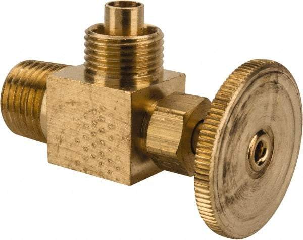 Parker - 3/8 x 1/4" Pipe, Angled Needle Valve - Poly-Tite x MNPTF Ends, Brass Valve, 150 Max psi - Exact Tool & Supply