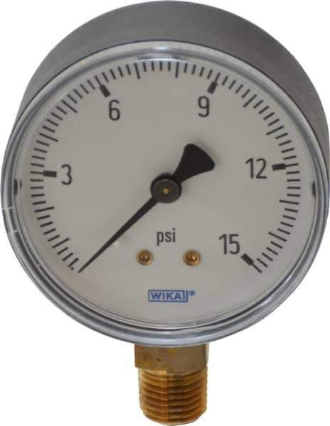 Wika - 2-1/2" Dial, 1/4 Thread, 0-15 Scale Range, Pressure Gauge - Lower Connection Mount, Accurate to 3-2-3% of Scale - Exact Tool & Supply