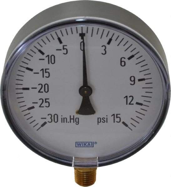 Wika - 4" Dial, 1/4 Thread, 30-0-15 Scale Range, Pressure Gauge - Lower Connection Mount, Accurate to 3-2-3% of Scale - Exact Tool & Supply