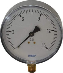 Wika - 4" Dial, 1/4 Thread, 0-15 Scale Range, Pressure Gauge - Lower Connection Mount, Accurate to 3-2-3% of Scale - Exact Tool & Supply