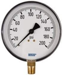 Wika - 4" Dial, 1/4 Thread, 0-200 Scale Range, Pressure Gauge - Lower Connection Mount, Accurate to 3-2-3% of Scale - Exact Tool & Supply