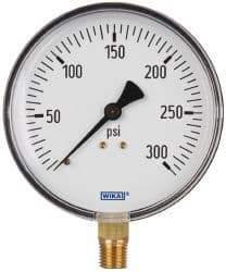 Wika - 4" Dial, 1/4 Thread, 0-300 Scale Range, Pressure Gauge - Lower Connection Mount, Accurate to 3-2-3% of Scale - Exact Tool & Supply