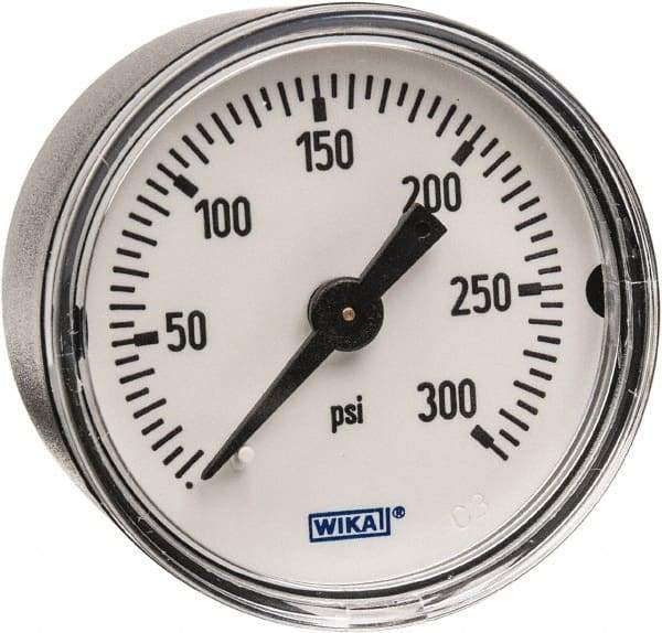Wika - 1-1/2" Dial, 1/8 Thread, 0-300 Scale Range, Pressure Gauge - Center Back Connection Mount, Accurate to 3-2-3% of Scale - Exact Tool & Supply