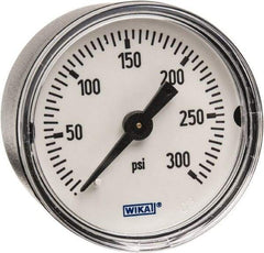 Wika - 1-1/2" Dial, 1/8 Thread, 0-300 Scale Range, Pressure Gauge - Center Back Connection Mount, Accurate to 3-2-3% of Scale - Exact Tool & Supply