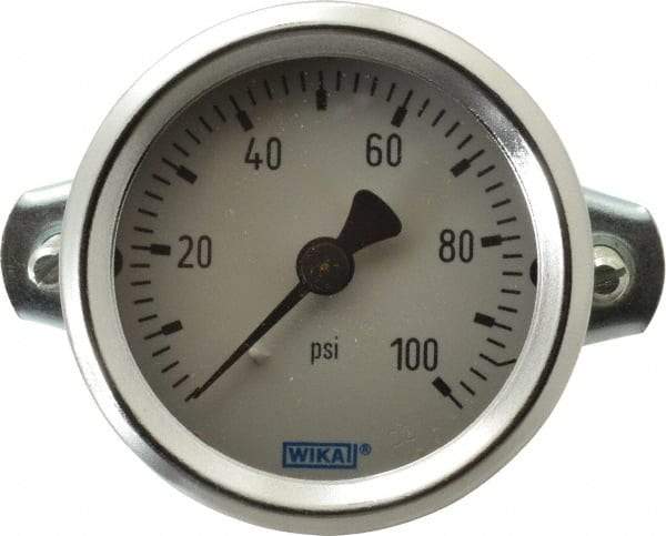 Wika - 2" Dial, 1/4 Thread, 0-100 Scale Range, Pressure Gauge - U-Clamp Panel Mount, Center Back Connection Mount, Accurate to 3-2-3% of Scale - Exact Tool & Supply