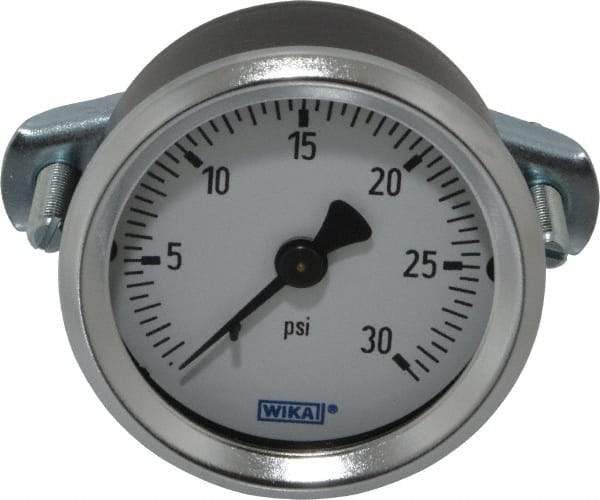 Wika - 2" Dial, 1/4 Thread, 0-30 Scale Range, Pressure Gauge - U-Clamp Panel Mount, Center Back Connection Mount, Accurate to 3-2-3% of Scale - Exact Tool & Supply