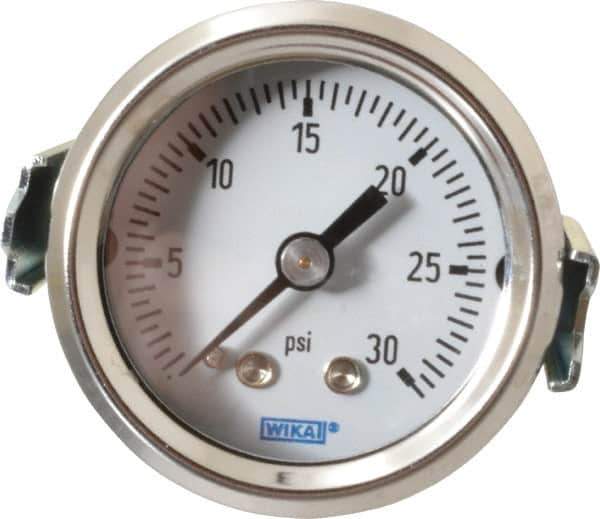 Wika - 1-1/2" Dial, 1/8 Thread, 0-30 Scale Range, Pressure Gauge - U-Clamp Panel Mount, Center Back Connection Mount, Accurate to 3-2-3% of Scale - Exact Tool & Supply