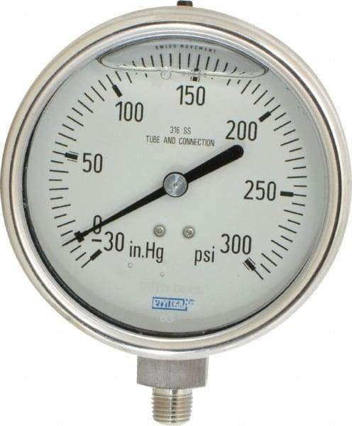 Wika - 4" Dial, 1/4 Thread, 30-0-300 Scale Range, Pressure Gauge - Lower Connection Mount, Accurate to 1% of Scale - Exact Tool & Supply