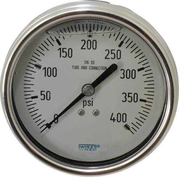 Wika - 4" Dial, 1/4 Thread, 0-400 Scale Range, Pressure Gauge - Lower Back Connection Mount, Accurate to 1% of Scale - Exact Tool & Supply