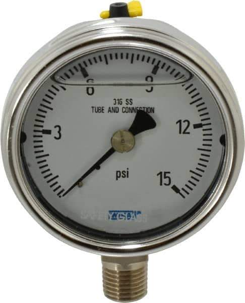 Wika - 2-1/2" Dial, 1/4 Thread, 0-15 Scale Range, Pressure Gauge - Lower Connection Mount, Accurate to 2-1-2% of Scale - Exact Tool & Supply