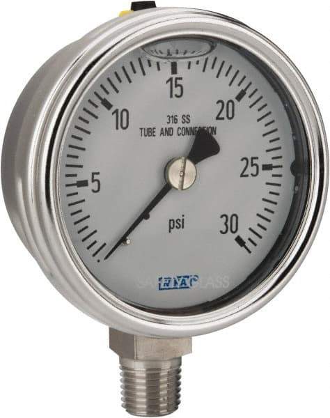 Wika - 2-1/2" Dial, 1/4 Thread, 0-30 Scale Range, Pressure Gauge - Lower Connection Mount, Accurate to 2-1-2% of Scale - Exact Tool & Supply