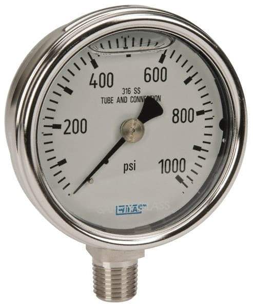 Wika - 2-1/2" Dial, 1/4 Thread, 0-1,000 Scale Range, Pressure Gauge - Lower Connection Mount, Accurate to 2-1-2% of Scale - Exact Tool & Supply