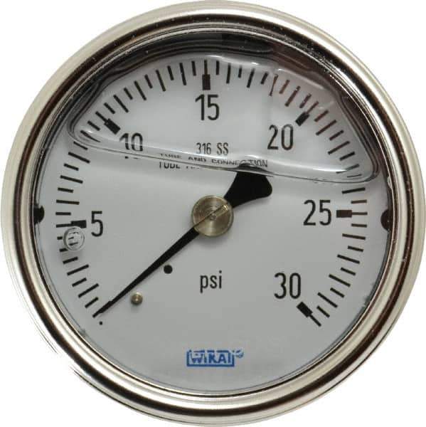 Wika - 2-1/2" Dial, 1/4 Thread, 0-30 Scale Range, Pressure Gauge - Center Back Connection Mount, Accurate to 2-1-2% of Scale - Exact Tool & Supply