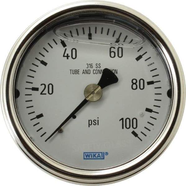 Wika - 2-1/2" Dial, 1/4 Thread, 0-100 Scale Range, Pressure Gauge - Center Back Connection Mount, Accurate to 2-1-2% of Scale - Exact Tool & Supply